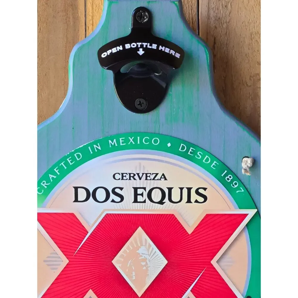 Dos Equis Beer Wall Mount Plaque Vintage Look Solid Wood w Bottle Opener & Hooks